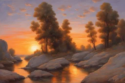 sunset, rocks, trees, cosmic and trascendent influence, ludwig dettman impressionism paintings