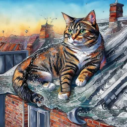 Golden ratio, ultra detailed watercolor painting, wet on wet painting, soft edges beautiful (((Masterpiece))) Create an image of a calico cat partially submerged in water, with its face and upper neck visible just above the surface. The cat has distinct patches of orange, black, and white fur, giving it a vibrant and colorful appearance. Its eyes are large and expressive, with a bright green hue that reflects the light filtering through the water. The background is a rich und