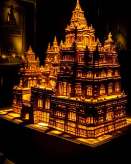 A gold glowing casino themed castle designed in Mayan architecture
