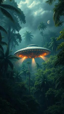 A UFO spacecraft crashed on the trees in the Amazon rainforest , covered with green bushes, Busch painting style nightmare