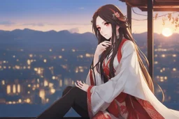 woman with long brown hair, red eyes, pale skin, highly detailed, intricate background, sitting on rooftop during sunset, contemplative, anime style, Genshin Impact inspired, dynamic composition