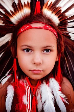 A beautiful portrait of a cute Native American girl, red color scheme, high key lighting, volumetric light high details with white stripes and feathers