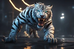 Venom beast in 8k anime cgi artstyle, white tiger them, neon effect, close picture, full body, apocalypse, intricate details, highly detailed, high details, detailed portrait, masterpiece,ultra detailed, ultra quality