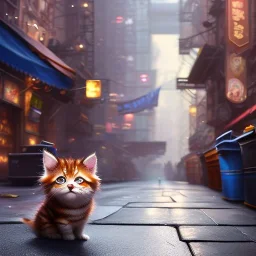 pixar style, volumetric New York City alley with steel garbage can environment and background, realistic painting of a cute kitten on the ground, looking excited, detailed digital painting, extreme dense and fine fur, anime, ornate