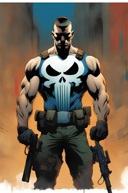 Frank Castle, The Punisher, extremely tall, 6'6" 250lbs, thick, muscular, crew-cut blonde hair, blue eyes - multicolored watercolor stained wall in the background, in the art style of Boris Vallejo, Frank Frazetta, Julie bell, Caravaggio, Rembrandt, Michelangelo, Picasso, Gilbert Stuart, Gerald Brom, Thomas Kinkade, Neal Adams - professional quality studio 8x10 UHD Digital photograph by Scott Kendall - paint splattered wall in the background, multicolored overhead spotlight, Photorealistic, rea