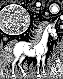 B/W COLORING PAGE celestial UNICORN HORSE FULL BODY, dark NIGHT BACKGROUND , WHITE CLOUDS moon