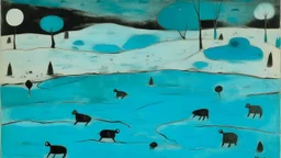 A cyan snowfield with tar pits painted by Paul Klee