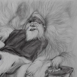 Legendary Yeti with long white hair lying on a sleigh bed watching TV and eating popcorn, clear and healthy body anatomy, detailed drawing elements, artwork, full HD painting, 8K