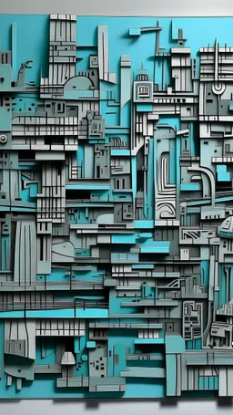 A grayish mint colored ancient African cyberized city made out of steel painted by Stuart Davis