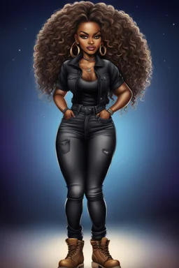 Create a digital airbrush cartoon of an African American female wearing a black jean outfit with timberland boots. Prominent make up with hazel eyes. She is wearing large diamond hoop earrings. Extremely highly detailed very long curly hair that shines. Background of a night club.