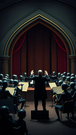 A stage of philharmonic by aliens players with a human conductor