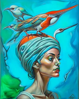 painting of a woman with a bird on her head and a bird on her head, surrealist painting, surrealist artwork, emotional surrealist art, abstract surrealist, a surrealist painting, surrealist art , abstract surrealism, abstract surrealism masterpiece, surreal painting, contemporary surrealism, magically shaped surrealism
