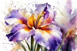 mpressionistic, runny wet watercolor painting, Willem Haenraets style, ((best quality)), ((masterpiece)), ((realistic, digital art)), (hyper detailed), intricate details, (one) 1multicolored iris flower, closeup, white background, vivid coloring, some splashes