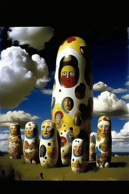A white cloudy sky with tornadoes designed in Matryoshka dolls painted by Salvador Dali