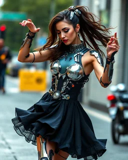 Photography beautiful woman as cyborg dancer wearing dress full mechanical,dancing on street