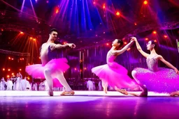 very beautiful a ballet male and female dancers couple in very pretty clothing dancing ,hyper realistic ,disco lights,very luxury dance stage ,with nice light sources and devices in stage, close up