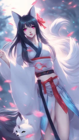 A close hot picture of Ahri with black hair and Japanese Clothes and nine White fox tail with neon glowing in fantasy world