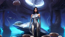 woman with dark hair in a silver robotic catsuit, standing on a futuristic alien beach with a crashed spaceship in the water, with mushrooms with octopus tentacles flying in the air