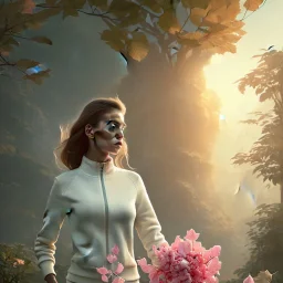 croc magnon portrait , white jogging suite, at dawn by atey ghailan, golden light , holding leaves and flowers , angels background, volumetric light, high detail, pink leaf tree, mountains in background, perfect