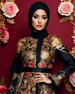 Luxury potrait of a beautiful super model hijab beauty makeup cosmetic,she wearing islamic a luxurious details pattern color gold and black casual jacket with designed large flower details that resemble roses.The dress has an asymmetrical design with one sleeve and a flowing skirt.background of the image shows a red carpet event with floral decorations,close-up portrait