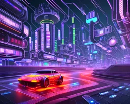 a cityscape inspired by the inside of a computer, streets and buildings made of circuits, data cables, and other electronic components, futuristic unprecedented cars on the road, cyberpunk, realistic, intricately detailed, neon lighting, vivid colors