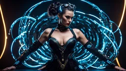 beautiful cyberpunk woman, (swirls Illumination dress :1.2), performs a complex movement embrion pose, (waist up:1.2), dark bg, fine art