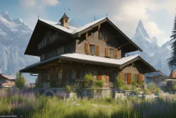 a swiss house in the mountains as far cry 4 concept art, spring season, beautiful, gorgeous buildings, oil painting, painting by viktor vasnetsov, concept art, fantasy landscape, swiss architecture, cryengine 5 enterprise engine, volumetric lighting, volumetric clouds, painting by ivan shishkin, hyperborea, hires, trending on artstation