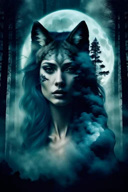 double exposure stunning woman-wolf hybrid portait, forest, moon, smoke, ultra-high detailed, deep dark colors, dark fantasy, intricate detail, cinematic, masterpiece, sharp focus, dark ethereal fantasy, hyperdetailed, atmospheric , dark surreal fantasy