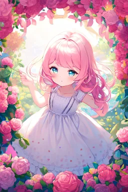 mild pastel colors, a young elven girl with softly curled rosy-pink hair, wear white lace tank dress, bringing an ethereal presence to the garden. the sundress adorned with delicate floral patterns that complement her hair color. she has good anatomy. Surrounded by a colorful wildflowers. The lush greenery and glass complete this enchanting scene, displaying impeccable anatomy and creating a masterpiece.