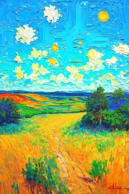 Let grace fill the gaps; surrealistic glitch in a sunny Van Gogh-like Post-Impressionistic dreamy landscape
