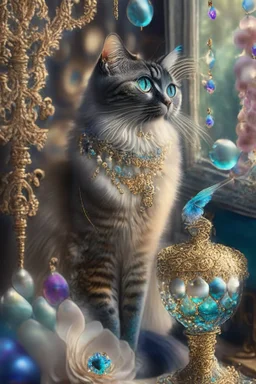 Mixture of a cat and a peacock old magical and intricate sparkling with gold and soft pastel colors surrounded by threads flower, stunning exquisite pearls and precious gem in an old but sunny shop with windows and flower vase all around no frame no watermarks sharp focus elegant extremely detailed Award winning photography studio lighting intricate oil on canvas cinematic lighting 4k very attractive beautiful award winning ultra detailed 4K 3D crisp quality Michelangelo focused Giuseppe Arcimb