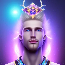smiling beautifull long hair blond man face with small cristal diadem on the forehead , cosmic armor and cosmic purple and blue sky behind