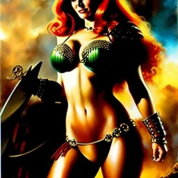 portrait oil on canvas, beautiful busty Red Sonja, minimal armor,comic book cover, mystical colors,insanely detailed,realistic,intrincate detail, 16k resolution, masterpiece,Frank Frazetta,Alex Horley, Simon Bisley,