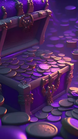 a hundreds of chests and coins, purple tones, dreamy, psychedelic, 4k, sharp focus, volumetrics, trippy background