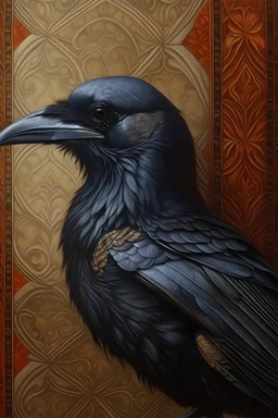 Oil painting, close-up of a detailed raven's head, neck, and upper wing against a vintage patterned wallpaper background, intended as reference art for a painting , 8k , cinematic