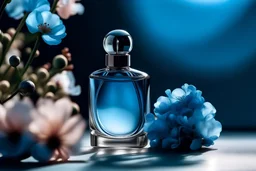 top shot of a perfume bottle on a blue table with flowers, gray spheres in the background, product photography in style of Kodak Portra — style raw — q 2 — s 250 — v 5.2 — ar 9:16