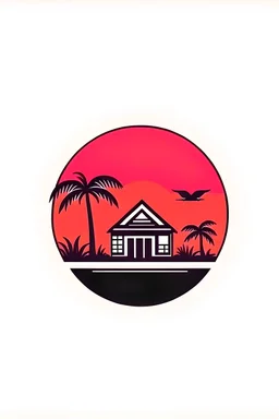 Minimalist logo, for a resort, cargo ship, sunset, palm trees, birds, huts, vector style