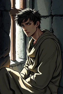A noble young man in simple clothes sitting by the window of a cold stone cell, light filtering in, a mixture of sadness and determination on his face.