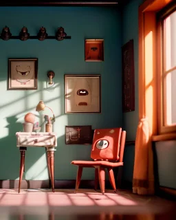 Room scene with simple hair monster, Wes Anderson style, realistic photo, sweet, concept art, smooth, unreal engine 5, god lights, ray tracing, RTX, lumen lighting, ultra detail, volumetric lighting, 3d.