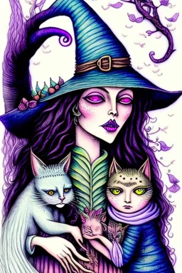 Friendly witch, playing with cats, perfect iris, ink and pencil, pastel colours, style Elizabeth Kreitz