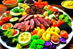 The picture shows a tasty and tempting dish containing a variety of delicious foods. The foods include slices of perfectly grilled meat and crispy fresh vegetables pulsating with colors and flavors.