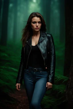 20 year old female tracker, mousey brown hair wearing jeans and a leather jacket, modern fantasy, in a forest