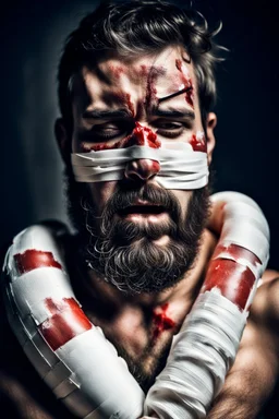 a very hurt man with beard, he is covered all the body with bandage and are in deep pain, only the eyes