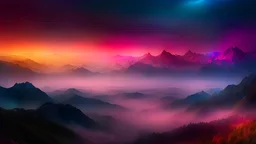 mountains panorama. The fog around us is full of many colors, from the earth to the sky, from the red root chakra to the purple color of the crown chakra. “ a huge horizon is covered with a night space where the cold glow of the stars is visible. There you can see fire and the smell of smoke, ethereal space, panorama. direct view in the midst in the jungle on top of the mountain. where you can see the fire and smell the smoke, galaxy, space, ethereal space.