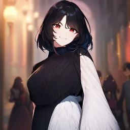 Clear focus,High resolution, black short fluffy hair, long fluffy bangs, and red eyes, Depressed girl, wearing a techy outfit, Smug smile, half closed eyes, smile, outfit pic