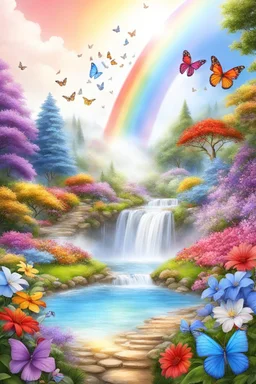 fantastic,Beautiful garden, flowers,rainbows, cascades arc en ciel, papillons colorés
