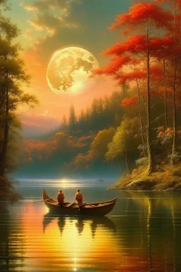 Realistic oil painting of a serene lake with a massive hunters moon in the background, two fishermen in a small boat, intricate details of trees and reflections on the water, by Thomas Moran and Claude Monet, (long shot), warm colors, peaceful atmosphere