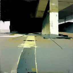 Minimal abstract oil paintings desolate 1960s carpark concrete fragments and naked bodies. style of Justin Mortimer and Francis Bacon. road markings.