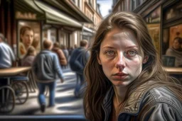 Huge realism photogrphic portrait, face details, on a central street of a European city, leaning on the wall of a cafeteria, a woman photorealistic style, lost gaze towards the sidewalk, behind blurreddynamism of cars, bicycles and pedestrians and shops, 16K, press photographic