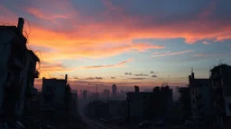 A desolate cityscape at twilight, buildings shattered and overgrown with thorny vines, under a sky streaked with the colors of a dying sunset.